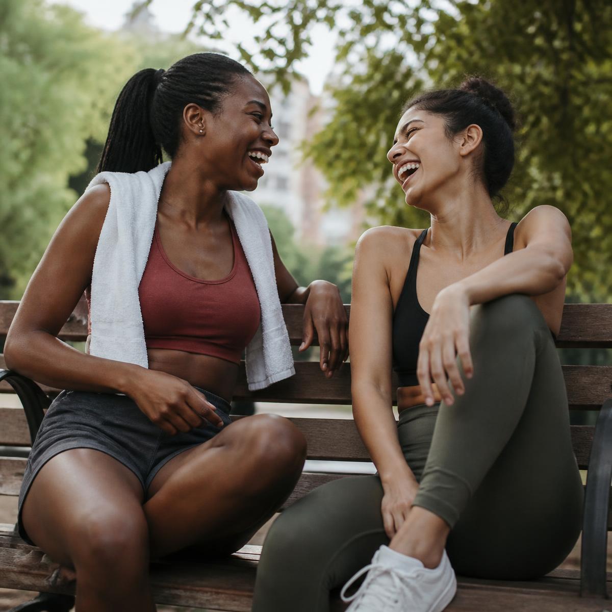 Two friends laughing after a workout