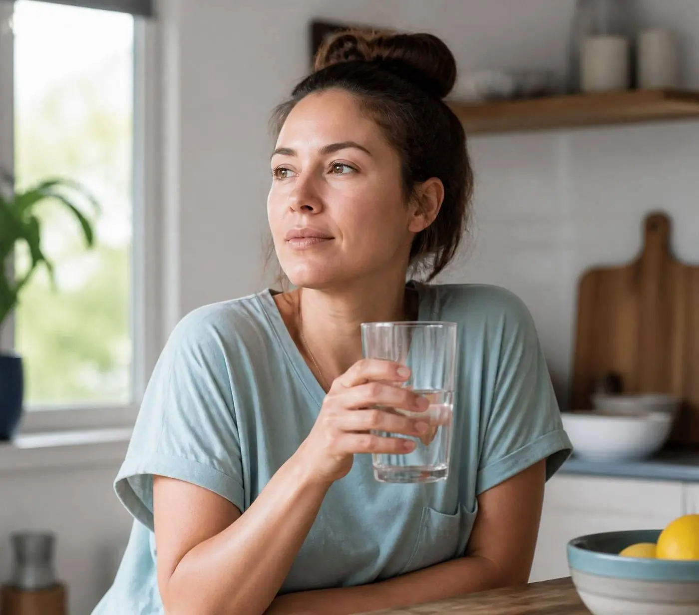 A person taking a quiet morning moment with a glass of water